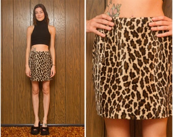 Vintage 90s Classic Faux Fur Textured Wavy Brown Black Beige Leopard Cheetah Animal Print Club Kid Raver Pin Up Soft Pencil Mini Skirt S M