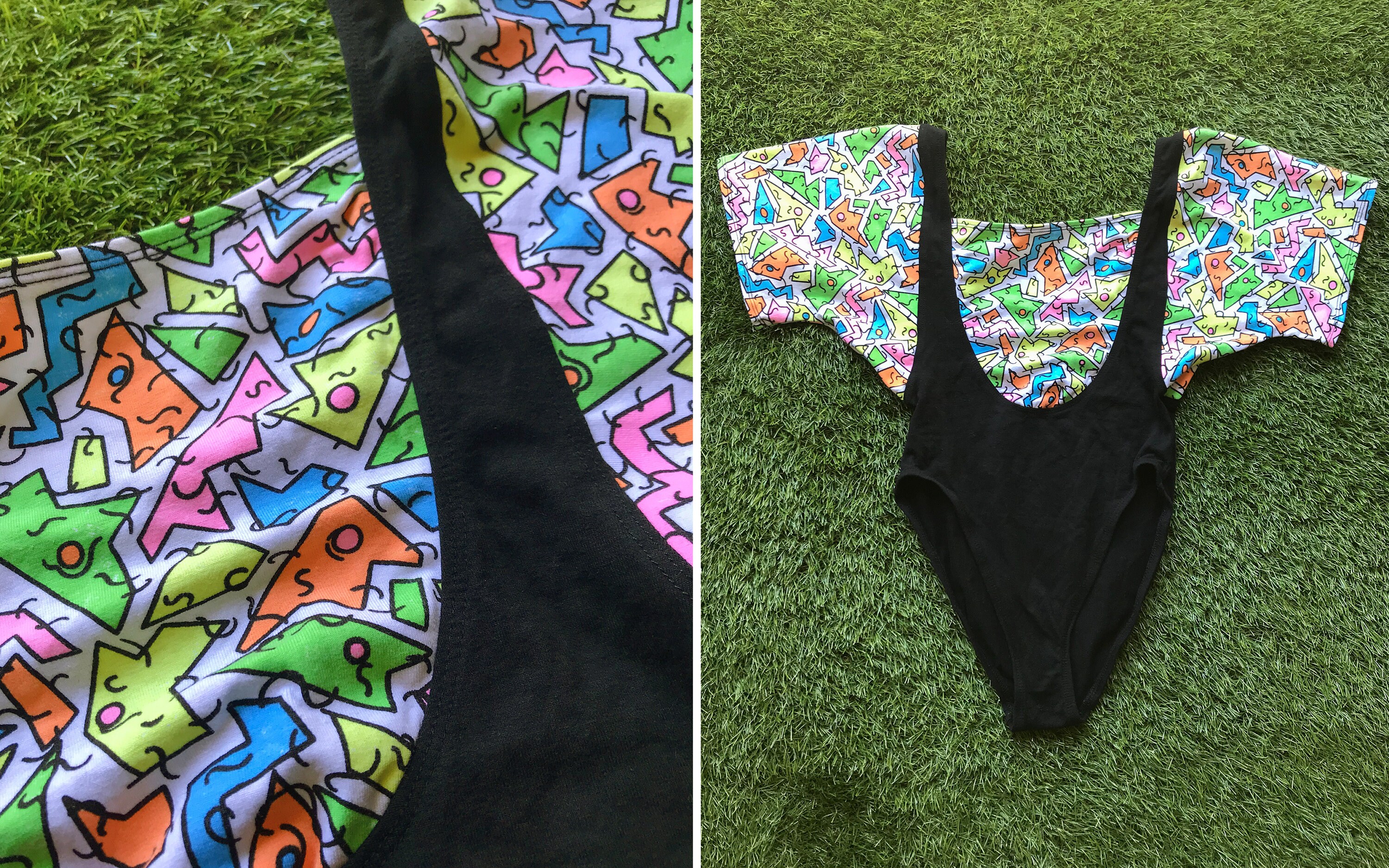 Vintage 90s Faux Suspender Layered Abstract Shapes Neon Rainbow Colorblock Black High Cut Short Sleeve Scoop Neck Aerobic Dance Bodysuit S