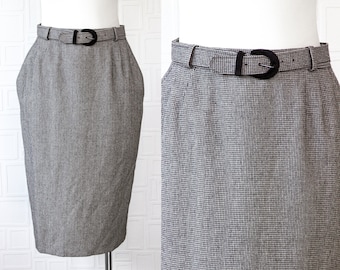 Vintage 80s 90s ILGWU Textured Black White Plaid Herringbone Checkered Belted Velvet Buckle Knee Length Lined Pocket Pencil Skirt Size 12 L
