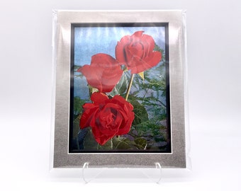 Vintage 80s 90s Red Rose Roses Flowers Foil Etching Art Print Shiny Metallic Black Silver Double Mat Ready to Frame in 8x10 Image 7.5 x 5.5