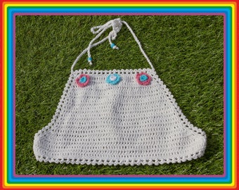 Vintage Deadstock 90s White Teal Sky Blue Mauve Pink Festival Crochet Sheer Mesh Beaded 3-D Flower Cotton Crop Halter Top One Size S M L