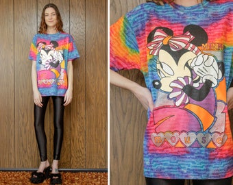 Vintage 90s Rainbow Tie Dye Minnie Mouse Walt Disney Company Bow Striped Stripe Black Silver Glitter Metallic Short Sleeve T-Shirt Top M L