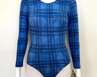 Vintage 90s Navy Royal Blue Square Striped Preppy Plaid Print GK Elite Sport Long Sleeve Scoop Aerobic Dance Leotard Bodysuit Adult Medium M