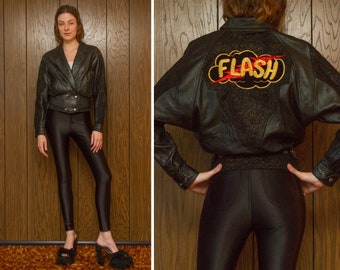 Vintage 80s Flash Lightning Paisley Filigre Suede Sleeve Gold Metallic Embroidered Back Patch Leather Black Button Cropped Dolman Jacket S M