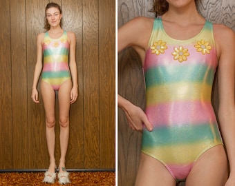 Glitter Shiny Kawaii Rainbow Pastel Yellow Daisy Pearl Mint Green Pink Sequined Flower Patch Cross Back Leotard One Piece Swimsuit XS S