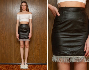 Vintage 90s Tannery West Black Leather Shiny Silver Bouillon Fringe Fringed Embroidered Metallic Above The Knee High Waist Mini Skirt XS 0 2