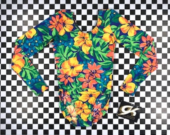 Vintage 90s Neon Rainbow Green Hibiscus Tropical Flower Floral Print Elite Sport Nylon Long Sleeve Scoop Aerobic Dance Leotard Bodysuit XS S