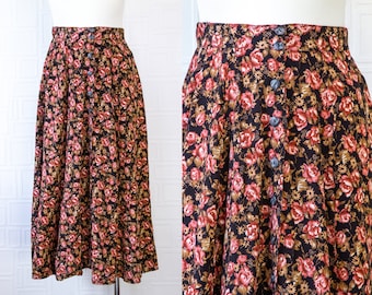 Vintage 90s Y2K Black Pink Burgundy Tan Brown Floral Print Rose Flower Mid Calf Ankle Length Button Front Elastic Waist Circle Maxi Skirt M