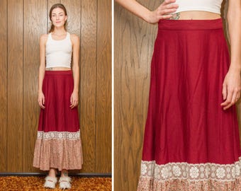 Vintage 70s Burgundy Wine Red Flower Floral Lace Trim Ruffle Circle Peasant Country Western Prairie Boho Hippie Long Full Length Skirt S M