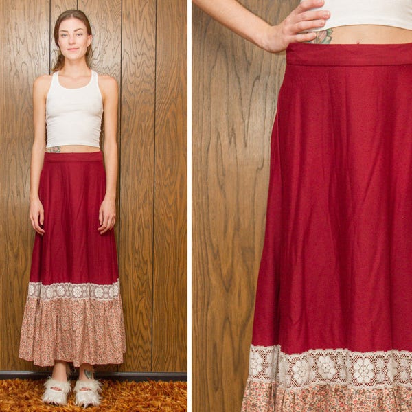 Vintage 70s Burgundy Wine Red Flower Floral Lace Trim Ruffle Circle Peasant Country Western Prairie Boho Hippie Long Full Length Skirt S M