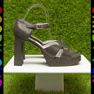 Vintage 90s Y2K Black Gunmetal Gray Glitter Strappy Chunky High Heel Ankle T Strap Platform Women&#39;s Shoes 8.5