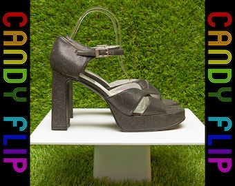 Vintage 90s Y2K Black Gunmetal Gray Glitter Strappy Chunky High Heel Ankle T Strap Platform Women's Shoes 8.5