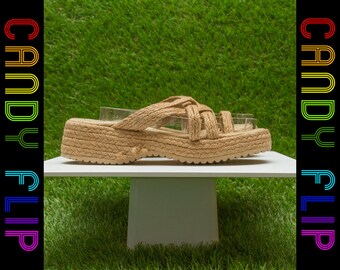 Vintage 90s Y2K Classified Woven Raffia Grass Braided Strappy Tan Light Brown Summer Thick Wedge Slip On Platform Mule Sandal US 5 / 5.5