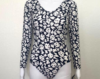 Vintage 90s Black White Abstract Print Graphic GK Elite Sport Long Sleeve Scoop Aerobic Dance Leotard Bodysuit Adult Medium M
