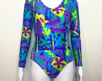 Vintage 90s 1993 Neon Green Purple Blue Tropical Sea GK Elite Sport Long Sleeve Scoop Aerobic Dance Leotard Bodysuit Adult Medium M