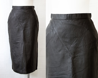 Vintage 80s Genuine Black Shiny Leather Lined High Waist Back Zip Button Fitted Pin Up Rocker Below Knee Length Wiggle Pencil Skirt 6 S M