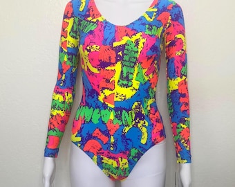 Vintage 90s Neon Spot Shapes Abstract Rainbow Print Graphic GK Elite Sport Long Sleeve Scoop Aerobic Dance Leotard Bodysuit Adult X Small XS