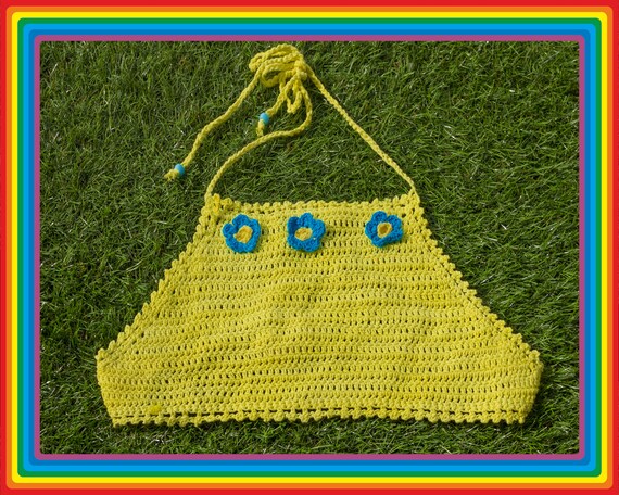 Vintage Deadstock 90s Light Brown Tan Taupe Beige Festival Crochet Sheer Mesh Beaded 3-D Flower Cotton Crop Tie Halter Top One Size