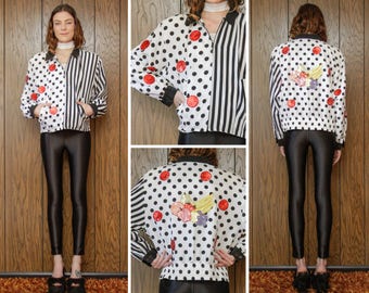 Vintage 80s Black White Polka Dot Vertical Stripe Striped Red Sequin Sequined Zip Up Avante Guarde Fruit Banana Dance Windbreaker Jacket S M