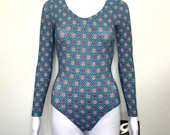 Vintage 90s Teal Blue Purple Floral Abstract Tile Print GK Elite Sport Long Sleeve Scoop Aerobic Dance Leotard Bodysuit Adult Small S