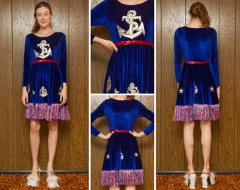 July 4th Metallic Red White Blue Silver Sequined Anchor Sailor Navy USA Fringed Velvet Long Sleeve Patriotic Dance Costume A Line Dress S M