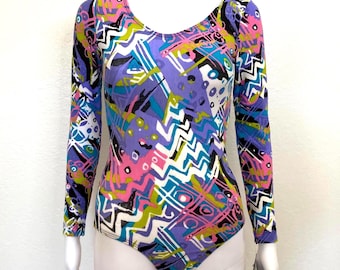 Vintage 90s Pink Purple Green White Black Abstract Print GK Elite Sport Long Sleeve Scoop Aerobic Dance Leotard Bodysuit Adult Medium M