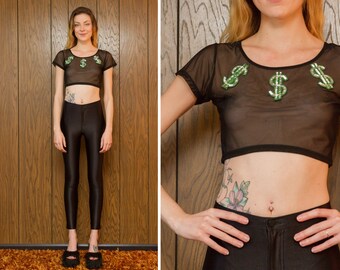 Black Silver Green Riddler Money Sign Dollar USD Mesh Sheer Shiny Nylon Stretch Sequined Short Sleeve Crew Neck Crop Top Blouse XS S O/S
