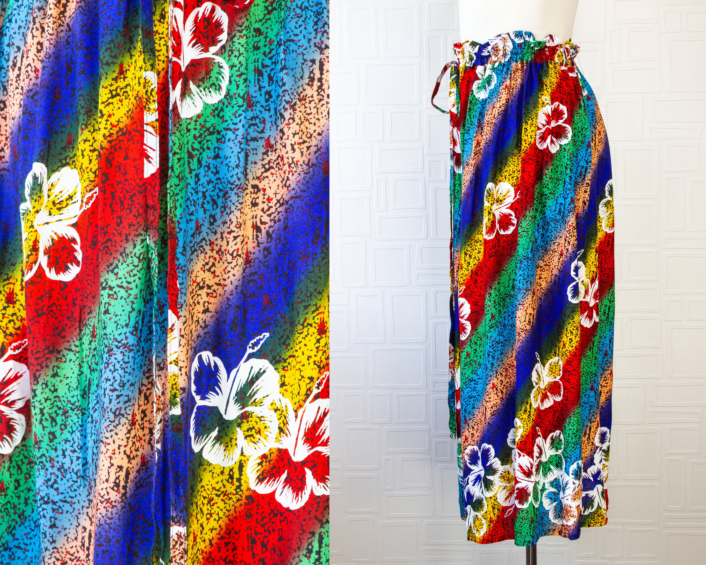 Vintage Rainbow Striped Tropical Luau Floral Print Hibiscus