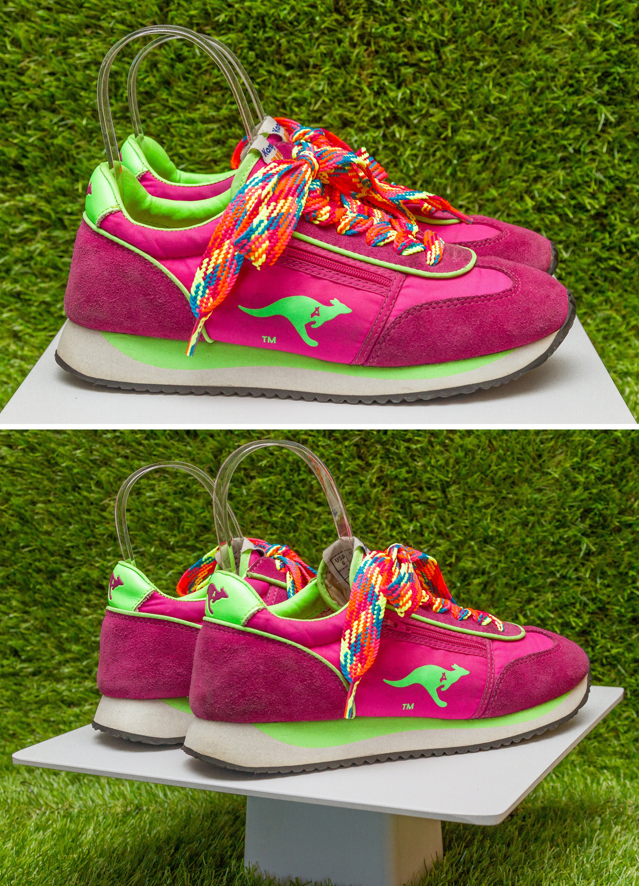 gullig Tidlig Smuk Vintage 80s 90s Neon Rainbow Fat Laces Pink Lime Green Yellow KangaROOS  Sneakers Zippered Pouch Suede Nylon Tennis Running Trainer Shoes 8