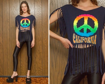 Vintage 90s Dark Navy Blue Peace Symbol Sign California Rainbow Hippie Dead Head Screen Print Sleeveless Fringe T-Shirt Crop Tank Top XS S M