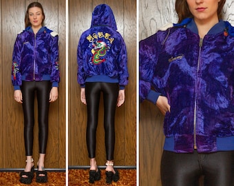 Vintage 70s 80s Blue Purple Embroidered Korea Kimmy Dragon Shiny Crushed Velvet Faux Fur Zip Removable Split Hood Hooded Lined Bomber Jacket