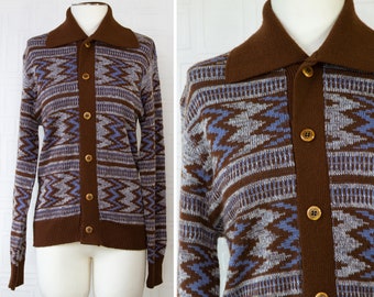 Vintage 70s 80s The Knitting Mill Brown Blue White Zig Zag Striped Wood Button Collared Long Sleeve Grandpa Preppy Sweater Cardigan fits S M