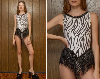 Vintage 90s Zebra Wild Animal Safari Print Sequined Striped Tinsel Fringe Asymmetrical Skirted Dance Sleeveless Leotard Bodysuit Costume S M