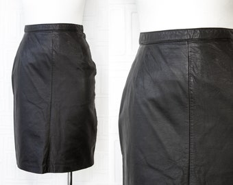 Vintage 90s Genuine Black Concepts Leather Lined High Waist Back Zip Button Fitted Pin Up Rocker Knee Length Wiggle Pencil Skirt 7 fits S M