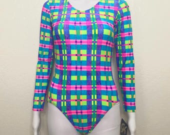 Vintage 90s Neon Plaid Purple Pink Green Teal Stripe Graphic GK Elite Sport Long Sleeve Scoop Aerobic Dance Leotard Bodysuit Adult Medium M
