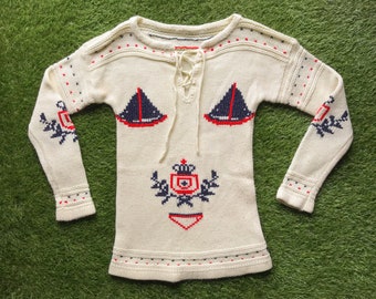 Vintage 70s Handmade Nautical Scandinavian Ivory Cream Navy Blue Red Boat Tall Tunic Long Sleeve Pullover V Neck Hand Knit Jumper Sweater S