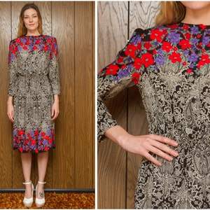 Vintage 80s 90s Worthington Black White Red Purple Floral Flower Print Pin Up Knee Length Long Sleeve Stretch Elastic Waist Pencil Dress S M
