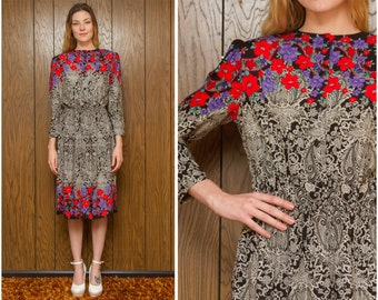 Vintage 80s 90s Worthington Black White Red Purple Floral Flower Print Pin Up Knee Length Long Sleeve Stretch Elastic Waist Pencil Dress S M