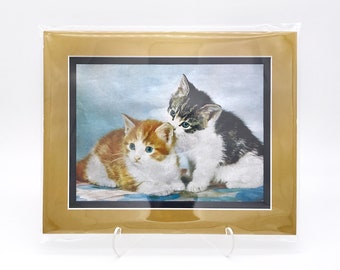 Vintage Kitten Siblings Pair Twin Foil Etching Art Print Shiny Antique Gold Metallic Black Double Mat Ready to Frame in 8x10 Image 7.5 x 5.5