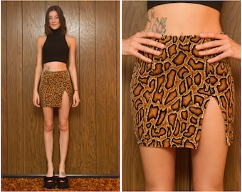 Vintage 90s Shiny Snake Reptile Print Black Gold Tan Brown Club Kid Raver Fuzzy Velvet Stretch Body Con High Slit Soft Mini Skirt XS S M L