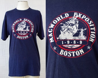 Vintage 80s Lightweight Soft Thin Navy Blue Hanes Apple Macworld Exposition 1989 Boston Massachusetts Tourist Novelty Shirt T-Shirt Top L