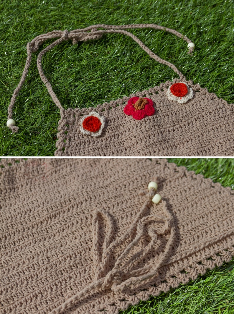 Vintage Deadstock 90s Light Brown Tan Orange Red Beige Festival Crochet Sheer Mesh Beaded 3-D Flower Cotton Crop Halter Top One Size S M L
