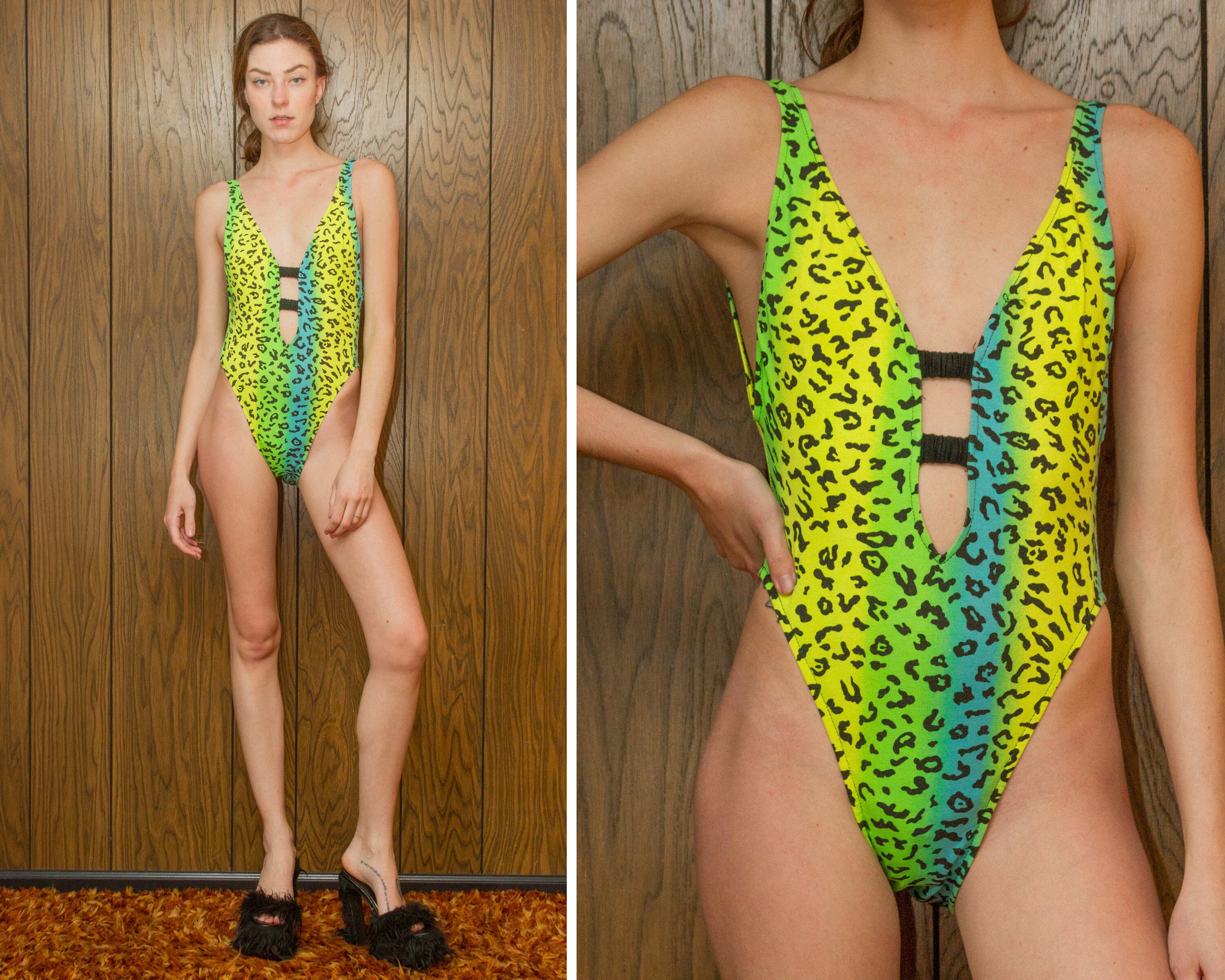 Vintage 90s NEW Daffy Neon Yellow Green Black Blue Leopard
