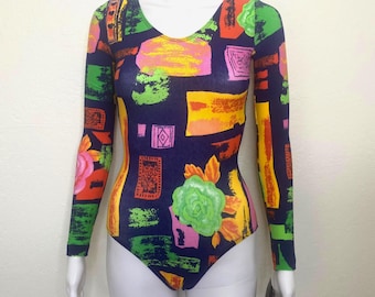 Vintage 90s Blue Orange Green Pink Abstract Floral Print GK Elite Sport Long Sleeve Scoop Aerobic Dance Leotard Bodysuit Adult X Small XS