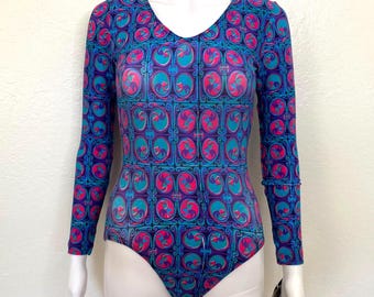 Vintage 90s Purple Pink Blue Swirl Abstract Geometric Print GK Elite Sport Long Sleeve Scoop Aerobic Dance Leotard Bodysuit Adult Medium M