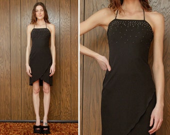 Vintage 90s Black Halter Rhinestone Glitter Metallic Asymmetrical Goth Gothic Witch Hi Lo Fishtail Halter Ruffle Mini Dress XS S