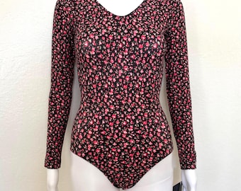 Vintage 90s Pink Black Garden Bloom Floral Flower Print GK Elite Sport Long Sleeve Scoop Aerobic Dance Leotard Bodysuit Adult Medium M