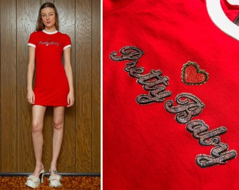 Pretty Baby Shiny Metallic Glitter Valentine's Day Heart Graphic On Short Sleeve Bright Red White 90s Vibes Mini Ringer T Shirt Dress S - L