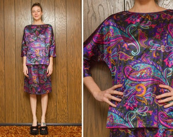 Vintage 80s Purple Black Pink Dolman Sleeve Teal Paisley Lightweight Polyester Floral Flower Shiny Print Skirt 2 Pc Suit Set S M