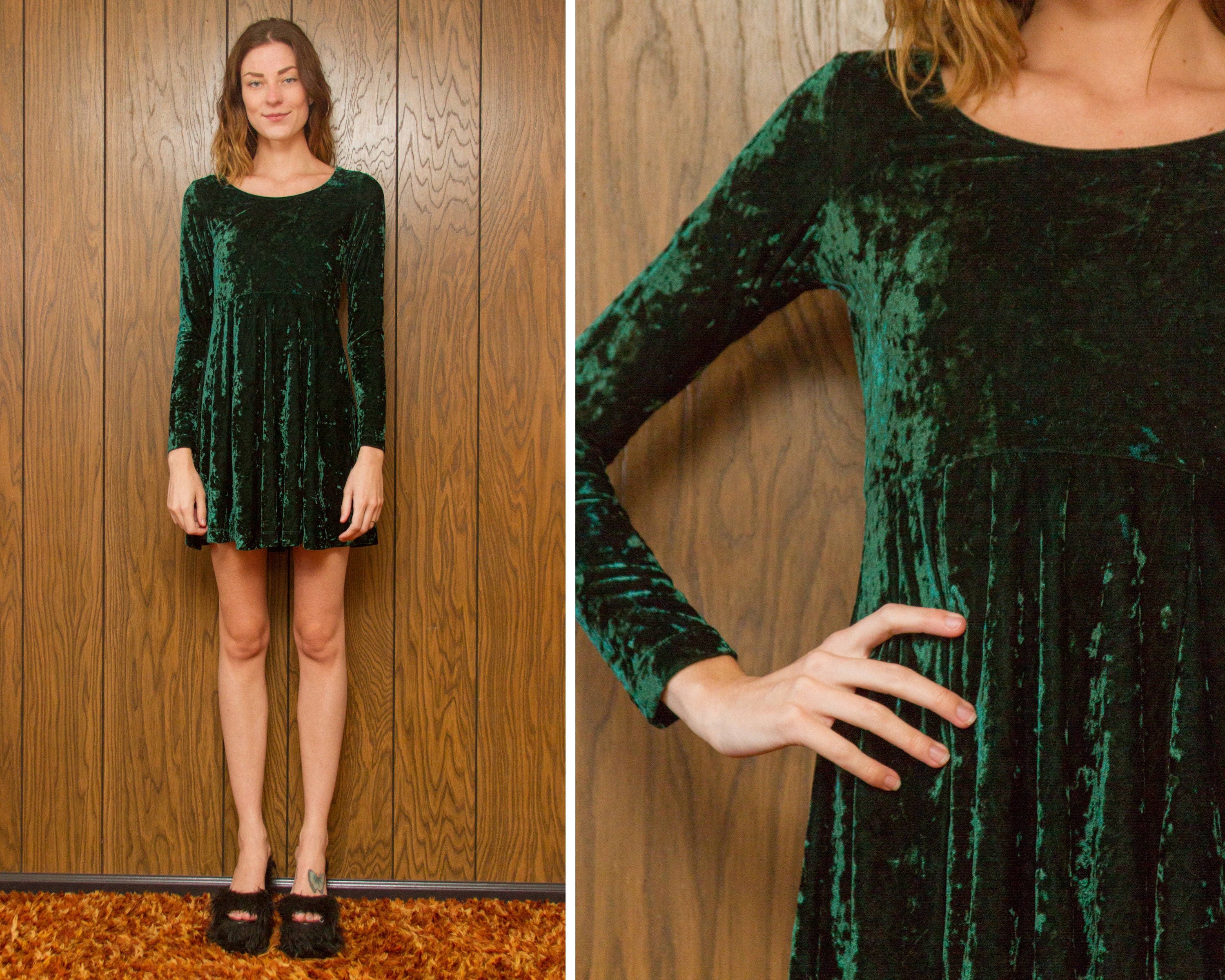 green emerald velvet dress Rubi Green Babydoll Mini Dress - US 6